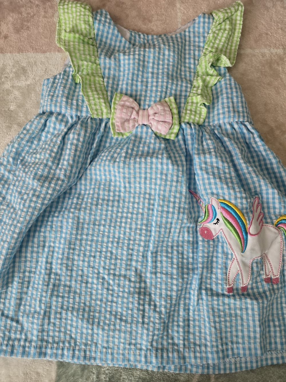 Rare Editions Blue Gingham Unicorn Dress with Green Ruffles and Pink Bow